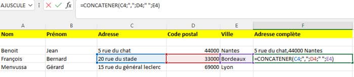 Fusionner deux colonnes dans Excel avec la formule concatener